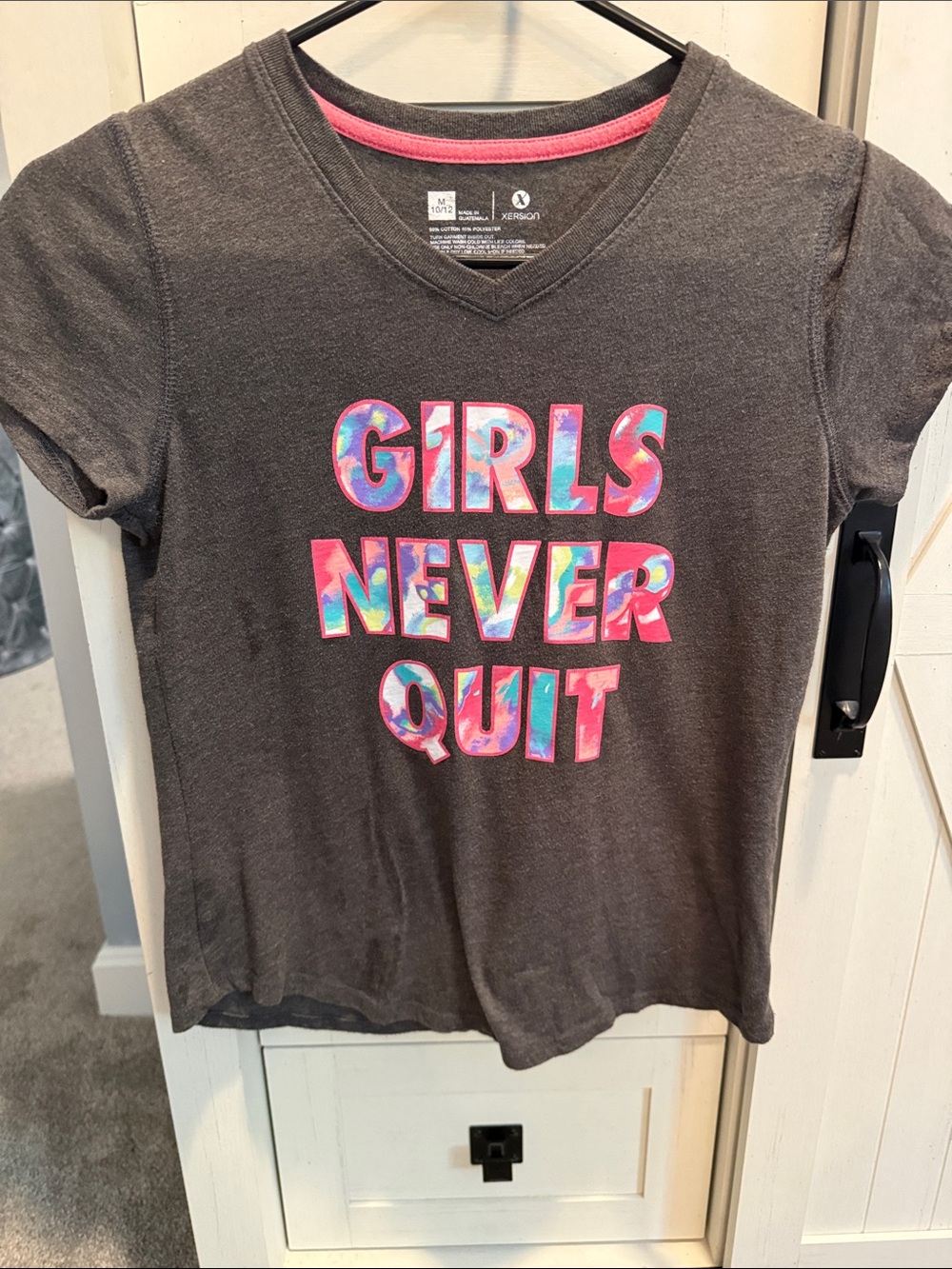 Girls Never Quit Graphic V-Neck Tee - Charcoal Pink Accent